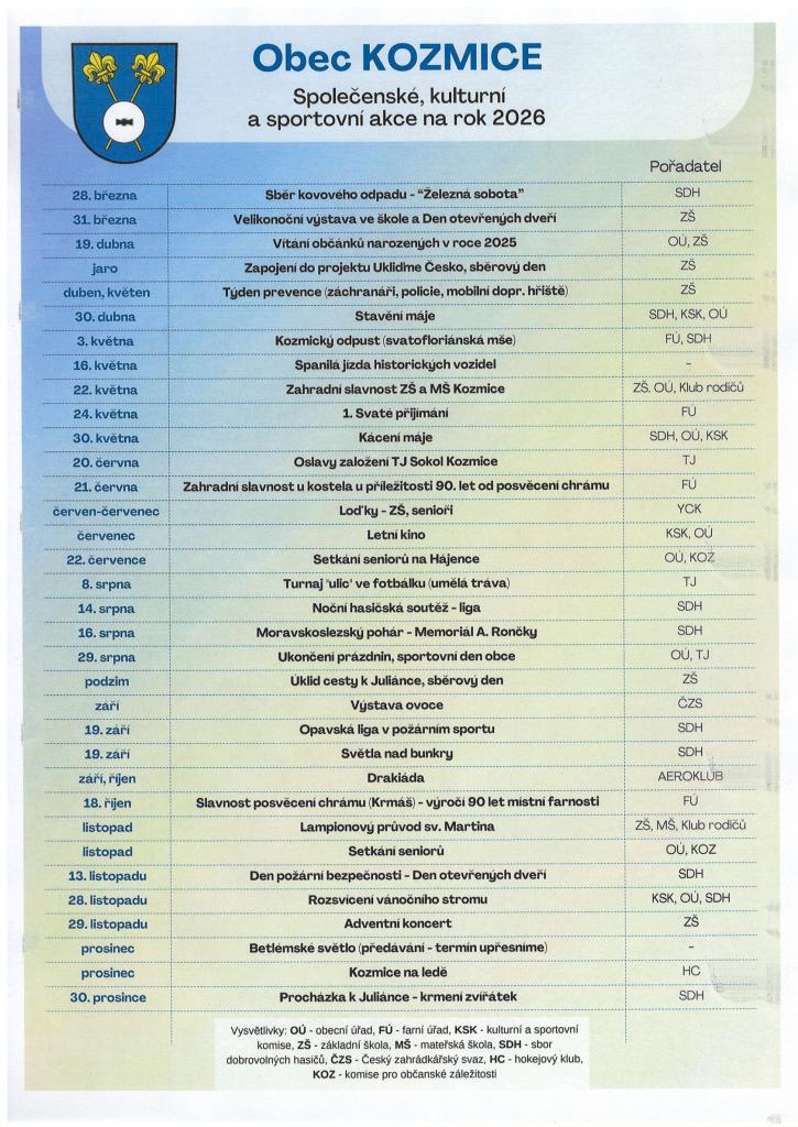 Kalendář akcí v&nbsp;obci Kozmice 2026